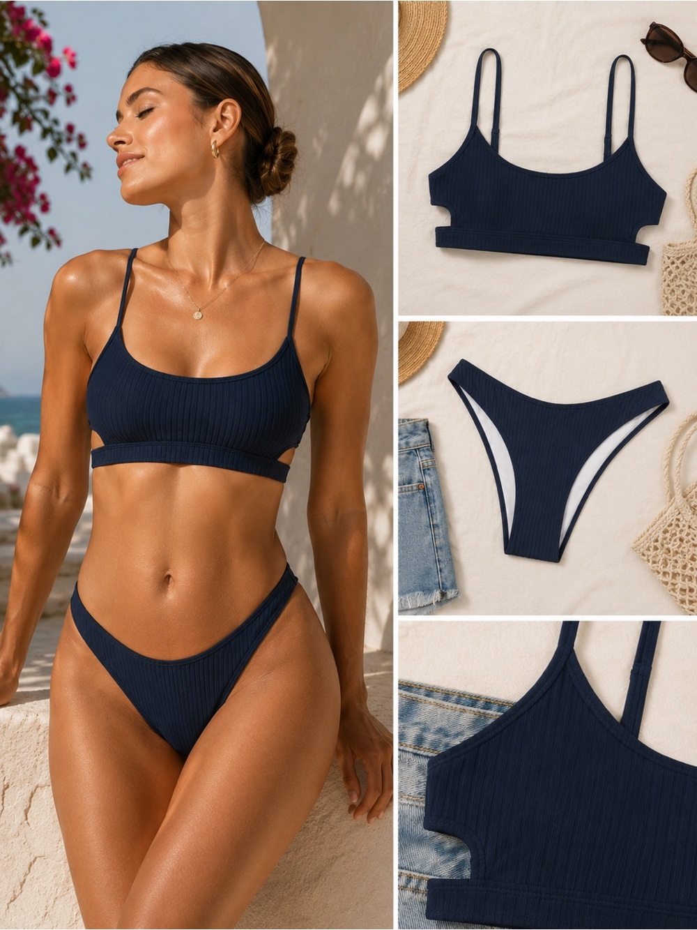 NEW Sport Knit Navy Blue Bikini Set Scoopneck Stretch Cutout M